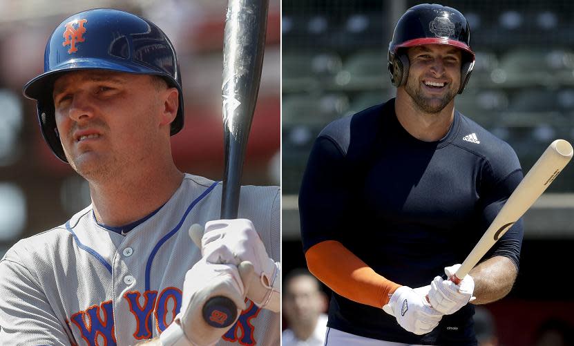 Jay Bruce (left) of the Mets isn't all that excited about Tim Tebow's (right) venture into baseball. (AP photos)