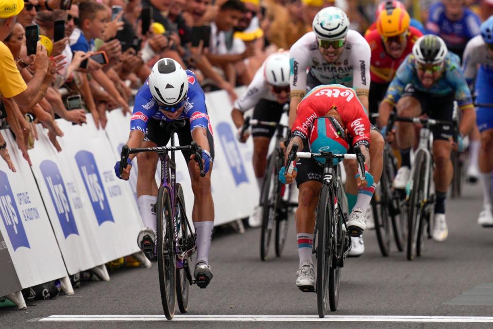 Jasper Philipsen pips Caleb Ewan on the finish line (AP)