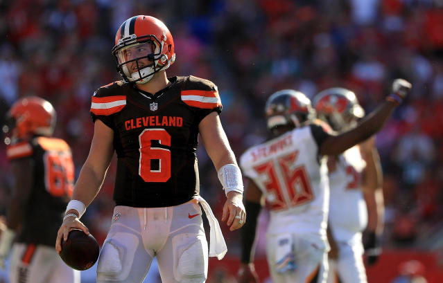 Cleveland Browns quarterback Baker Mayfield (6) throws a pass against the  Seattle Seahawks during an NFL football game, Sunday, Oct. 13, 2019, in  Cleveland. (Jeff Haynes/AP Images for Panini Stock Photo - Alamy