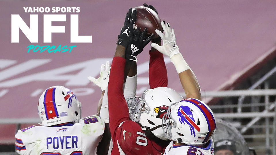 DeAndre Hopkins of the Arizona Cardinals secures the ball in the game-winning touchdown pass against Jordan Poyer and the Buffalo Bills. (Photo by Christian Petersen/Getty Images)