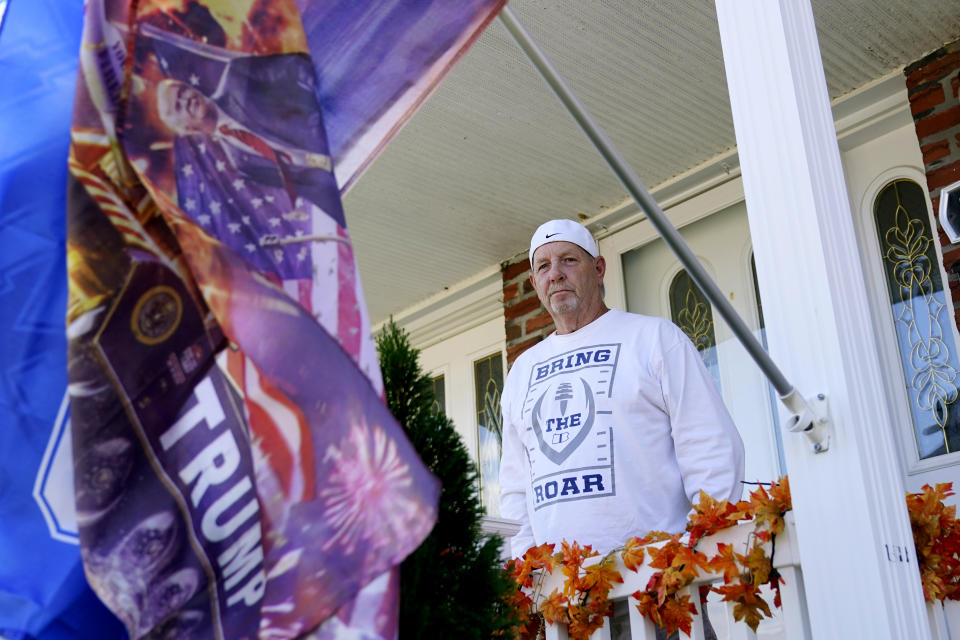 Joe Dowling poses for a photo outside his home, Wednesday, Sept. 30, 2020, in northeast Philadelphia. Philadelphia has been the cornerstone of Democratic victories in the battleground state — producing Democratic margins so massive that winning statewide has been longshot for most Republicans. But it's a longshot Donald Trump pulled off in 2016 and is trying to repeat again. (AP Photo/Matt Slocum)