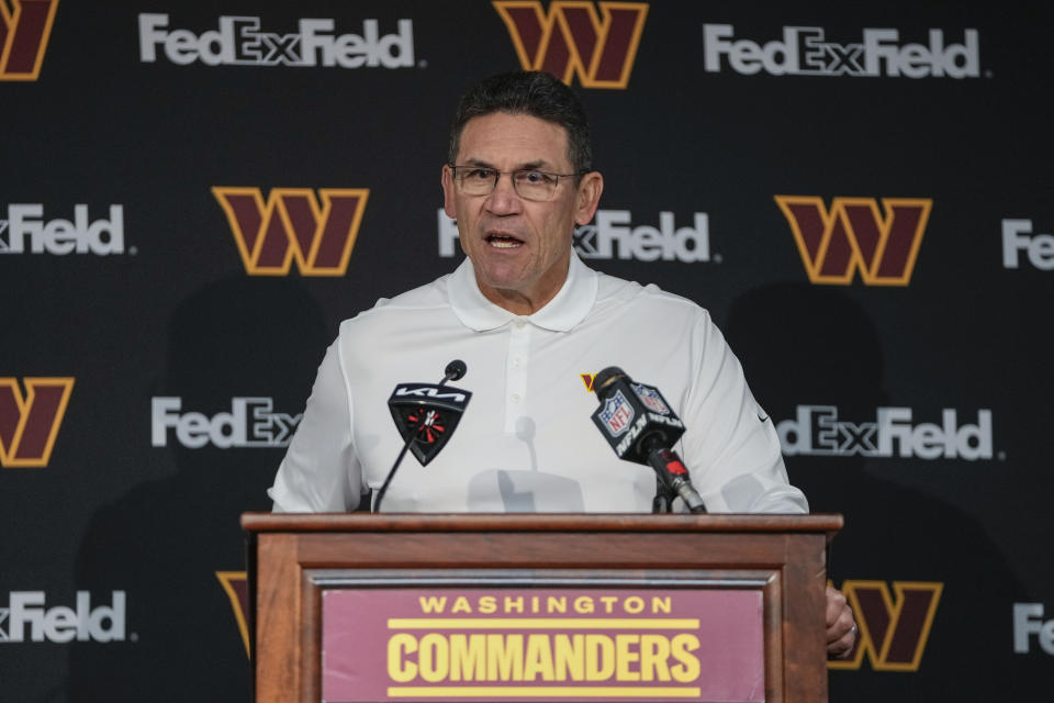 Washington Commanders head coach Ron Rivera speaking during a press conference at the end of an NFL football game against the Dallas Cowboys, Sunday, Jan. 7, 2024, in Landover, Md. Dallas won 38-10. (AP Photo/Mark Schiefelbein)