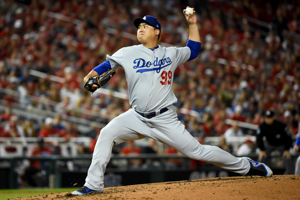 WASHINGTON, DC - OCTOBER 06: Hyun-Jin Ryu #99 of the Los Angeles Dodgers pitches against the Washington Nationals in game three of the National League Division Series at Nationals Park on October 6, 2019 in Washington, DC. (Photo by Will Newton/Getty Images)