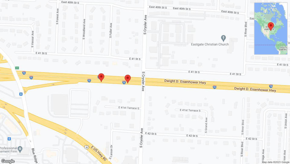 A detailed map that shows the affected road due to 'Broken down vehicle on eastbound I-70 in Independence' on October 2nd at 2:50 p.m.