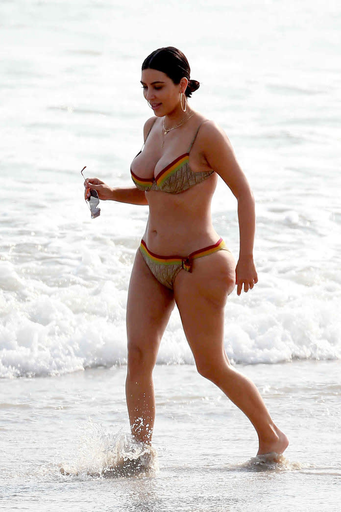 Kim Kardashian’s bikini body has become the topic of conversation. (Photo: FameFlynet/AKM-GSI)