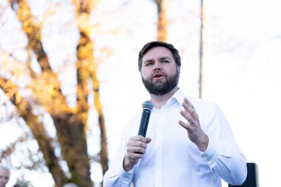 U.S. Sen. J.D. Vance speaks during a 2022 campaign event. He has called the H-1B visa program an "unholy alliance between government and our biggest corporations."