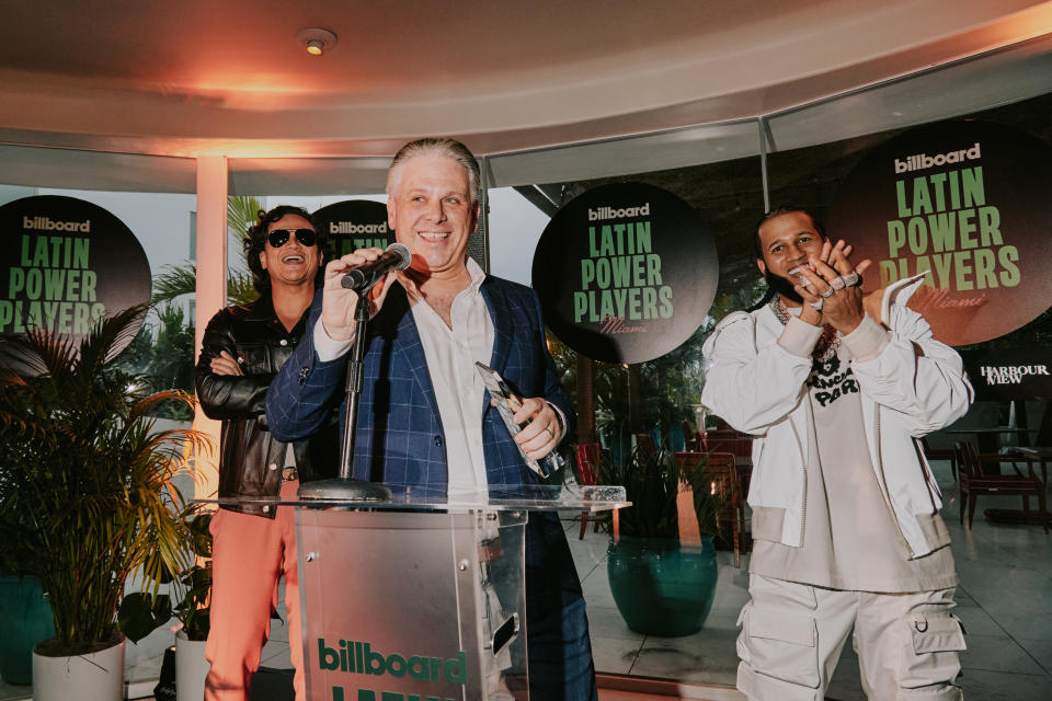 Silvestre Dangond, Nelson Albareda,  El Alfa at the Power Players Cocktail Reception held at Pao at Faena Hotel as part of Billboard Latin Music Week on October 2, 2023 in Miami Beach, Florida.