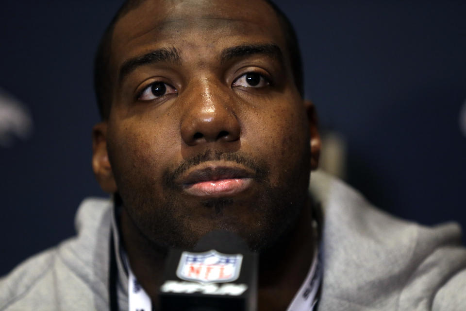 Seattle Seahawks offensive tackle Russell Okung listens to a question during a news conference Monday, Jan. 27, 2014, in Jersey City, N.J. The Seahawks and the Denver Broncos are scheduled to play in the Super Bowl XLVIII football game Sunday, Feb. 2, 2014. (AP Photo/Jeff Roberson)