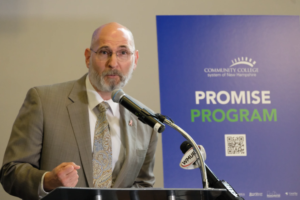 CCSNH Chancellor Mark Rubinstein announcing the Promise Program, aimed at covering 'last dollar' tuition costs for eligible students.