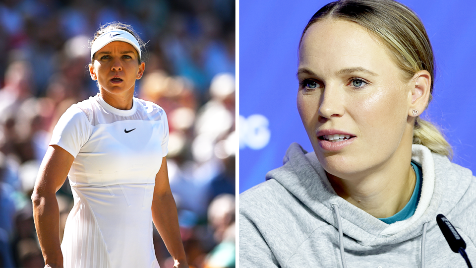 Simona Halep reacts and Caroline Wozniacki speaks.