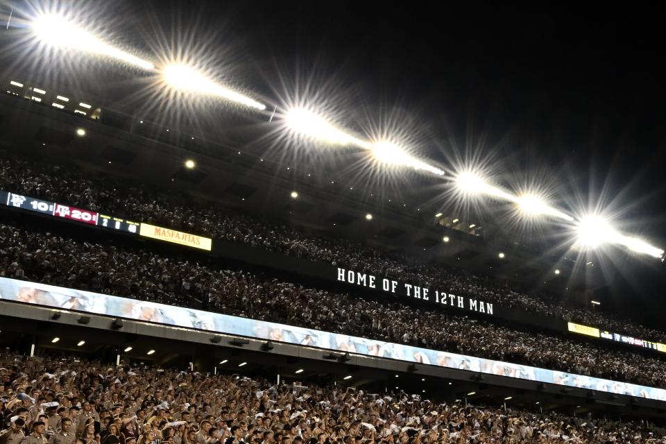 A detail view of fans cheering during the second half of the game Sept. 21, 2024 between the Texas A&M Aggies and the Bowling Green Falcons at Kyle Field in College Station.