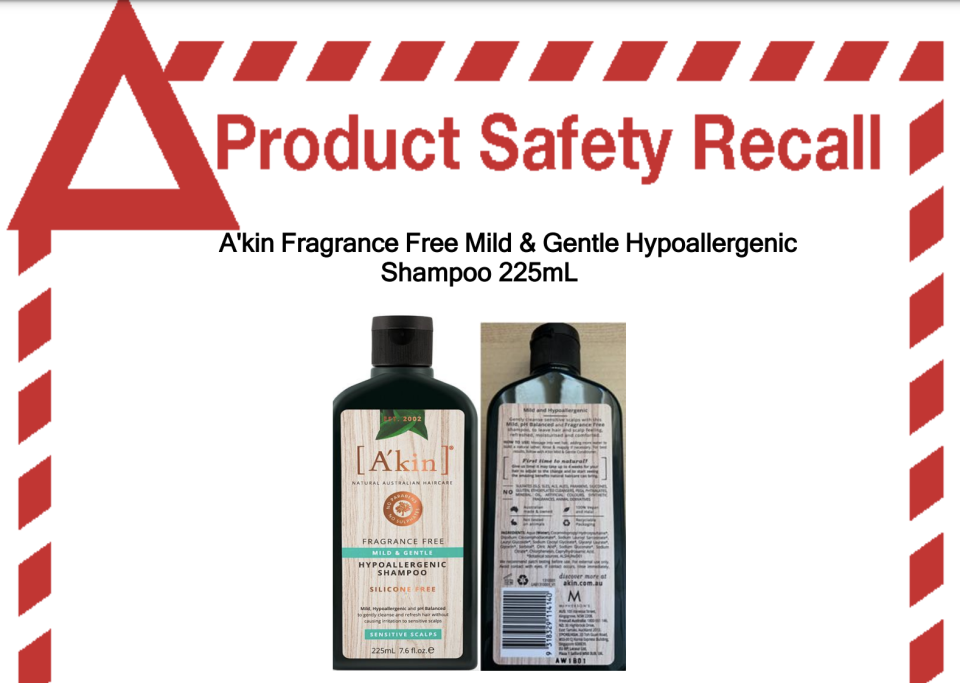 The recall alert for Batch AW1B01 of A'kin Fragrance-Free Mild and Gentle Hypoallergenic Shampoo.