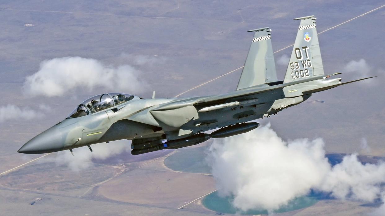 A F-15EX assigned to the 85th Test and Evaluation Squadron, Eglin Air Force Base, Florida, flies behind a KC-135 assigned to the 465th Air Refueling Squadron, Tinker AFB, Oklahoma, Oct. 15, 2021. In-air refueling allows fighter aircraft to stay airborne for longer periods of time without having to land to refuel. (U.S. Air Force photo by 2nd Lt. Mary Begy)