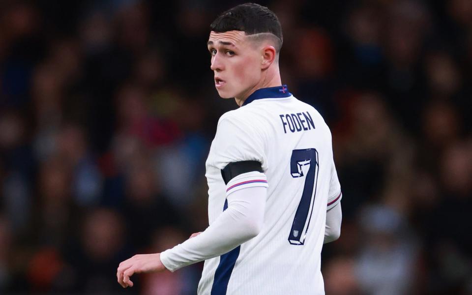 Phil Foden of England during the international friendly match between England and Brazil at Wembley Stadium on March 23, 2024 in London, England