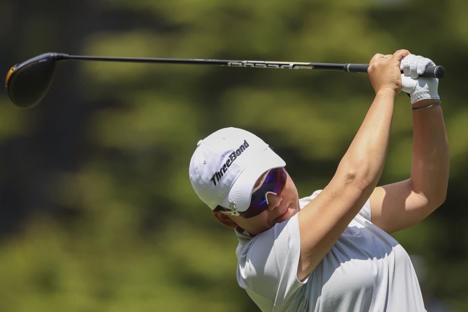 South Korea's Jiyai Shin tees off on the second hole during the Australian Open golf championship at Victoria golf course in Melbourne, Australia, Saturday, Dec. 3, 2022. (AP Photo/Asanka Brendon Ratnayake)