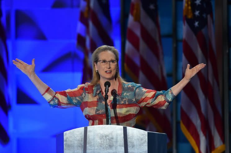 Meryl Streep wears a Catherine Malandrino dress at the DNC. Photo: Getty