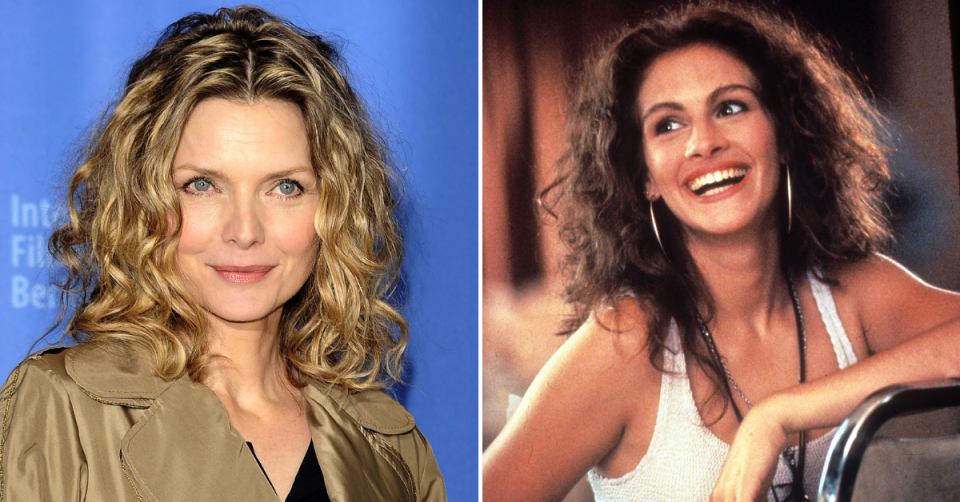 Left: Michelle Pfeiffer stands giving a slight smile at an industry event. Right: Julia Roberts laughing and smiling with big hair and hoop earrings in the film Pretty Woman