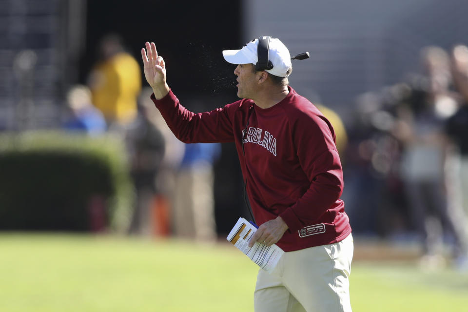 South Carolina head coach Shane Beamer lets his defense know it's third down during the second half of an NCAA college football game against Jacksonville State on Saturday, Nov. 4, 2023, in Columbia, S.C. (AP Photo/Artie Walker Jr.)