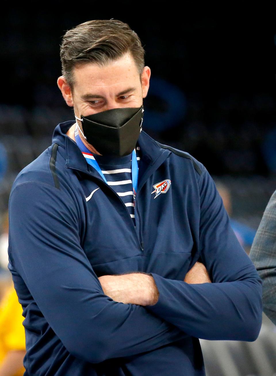 Nick Collison watches the Thunder warm up before a game agianst the 76ers on Oct. 24 at Paycom Center.