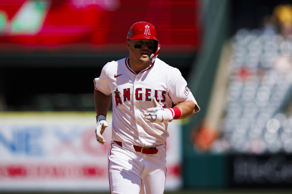 Mike Trout has not played since April 29 after undergoing surgery to repair a torn meniscus in his left knee. (Photo by Ric Tapia/Getty Images)