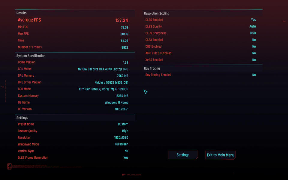 Legion Slim 7i (Gen 8) benchmarking Cyberpunk 2077