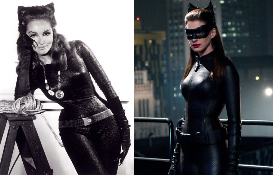 2. Gatúbela, en 1966 y en 2012. Fue creada por Bill Finger y Bob Kane e hizo su primera aparición en Batman N° 1 (primavera de 1940). Su nombre real, Selina, es un derivado de la deidad lunar Selene. Originalmente, era una ladrona de joyas, experta en disfrazarse, y era conocida simplemente como La Gata. Fue evolucionando con el tiempo hasta convertirse en un personaje mucho más sensual y complejo, además de llevar un traje totalmente distinto. Foto: Amazon.com