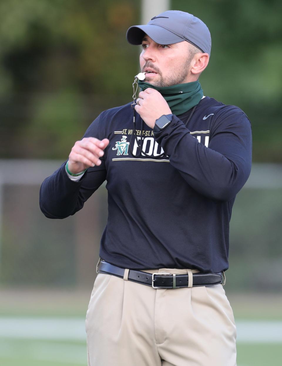 St. Vincent-St. Mary head coach Bobby Nickol on the field before the game against Hoban on Friday, Sept. 25, 2020  in Akron, Ohio at John Cistone Field.  [Phil Masturzo/ Beacon Journal]