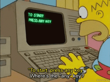 Homer SImpson saying "where's the "any" key?" in response to his computer saying "to start, press any key"