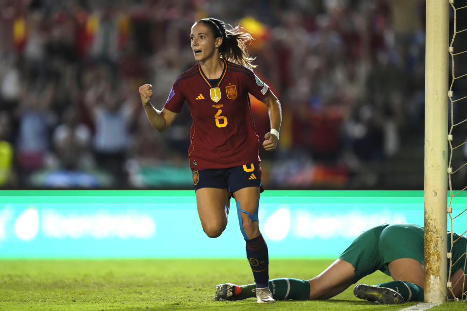 FILE - Spain's Aitana Bonmatí celebrate after scoring against Switzerland during their women's Nations League group D soccer at the Nuevo Arcangel stadium in Cordoba, Spain, Tuesday, Sept. 26, 2023. FIFA’s player of the year awards are up for grabs Monday, Jan. 15, 2024 with the women’s award finalists being 2023 World Cup winners Aitana Bonmatí and Jenni Hermoso of Spain, plus Linda Caicedo of Colombia. (AP Photo/Jose Breton, file)