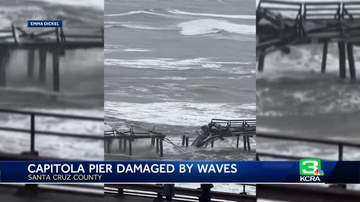 California Storm Coverage Soquel Creek at flood stage, Capitola Pier