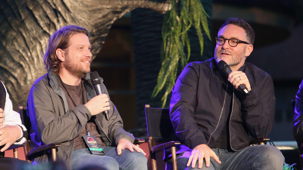 Gareth Edwards and Colin Trevorrow speak on stage at the Jurassic Park 25th Anniversary Celebration