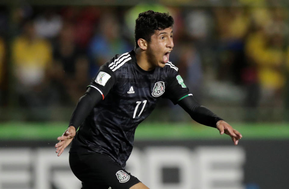 Soccer Football - FIFA Under 17 World Cup - Final - Brazil v Mexico - Bezerrao Stadium, Brasilia, Brazil - November 17, 2019   Mexico's Bryan Gonzalez celebrates scoring their first goal   REUTERS/Ueslei Marcelino