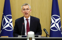 NATO Secretary General Jens Stoltenberg speaks during a video conference of NATO Defense Minister at the NATO headquarters in Brussels, Wednesday, June 17, 2020. NATO Defense Ministers began two days of video talks focused on deterring Russian aggression and a US decision to withdraw thousands of troops from Germany. (Francois Lenoir, Pool Photo via AP)