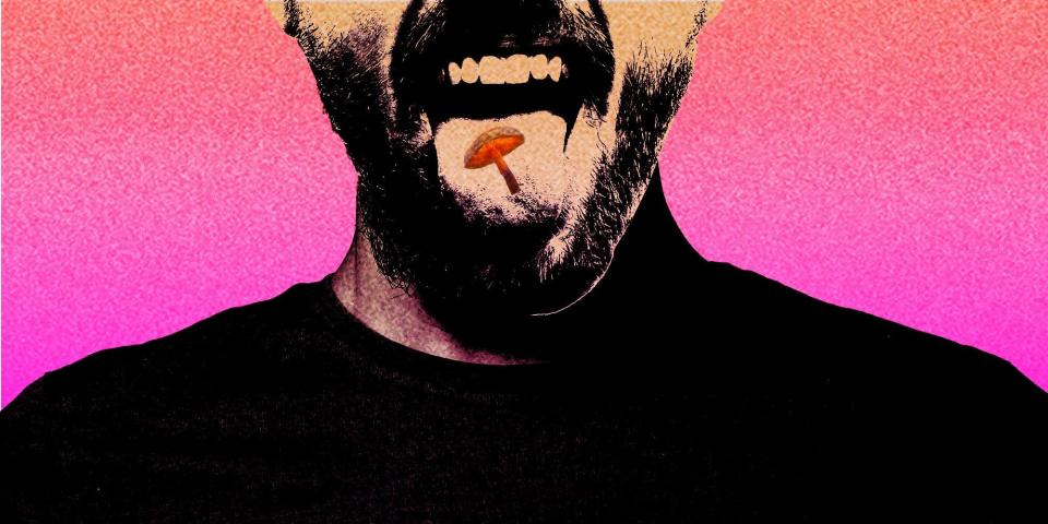 An illustration of a man sticking his tongue out. There is a mushroom on his tongue.