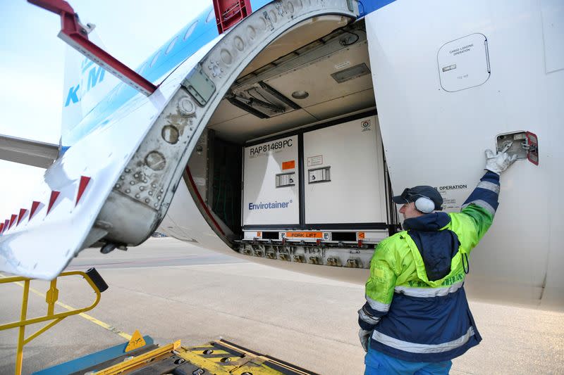 Cool boxes are being transported by airplane at Schiphol Airport Amsterdam