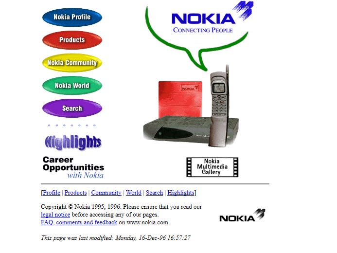 a picture of a landline phone and a table of contents on the Nokia website in 1996