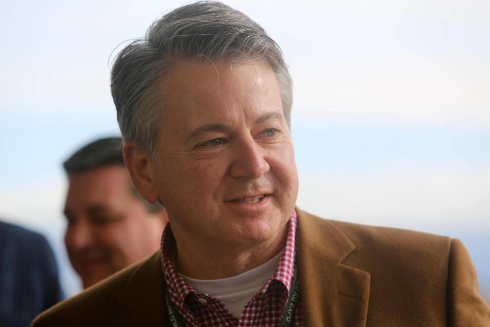 Freshman Congressman John Duarte, a Modesto Republican, speaks to media at the World Ag Expo in Tulare on Feb. 14, 2023.