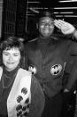 <p>Wearing Batman logo vests, husband and wife comedians, Dawn French and Lenny Henry arriving at the premier of the new Tim Burton film "Batman". The film opened tonight at the Warner West End cinema off London's Leicester Square. (Malcolm Croft/PA Images via Getty Images)</p> 