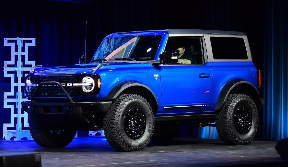The Ford Bronco arrives on stage as a 2022 Utility Vehicle of the Year Finalist at the LA Auto Show in Los Angeles, California on November 17, 2021. (Photo by Frederic J. BROWN / AFP) (Photo by FREDERIC J. BROWN/AFP via Getty Images)