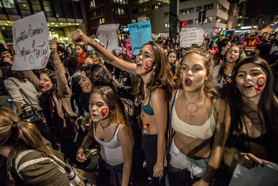 Women march during a protest against the gang rape of a 16-year-old girl on June 8, 2016 in Sao Paulo, Brazil. In response to the assault, Brazil's interim President Michel Temer said that Brazil will set up a specialized group to fight violence against women.&nbsp;
