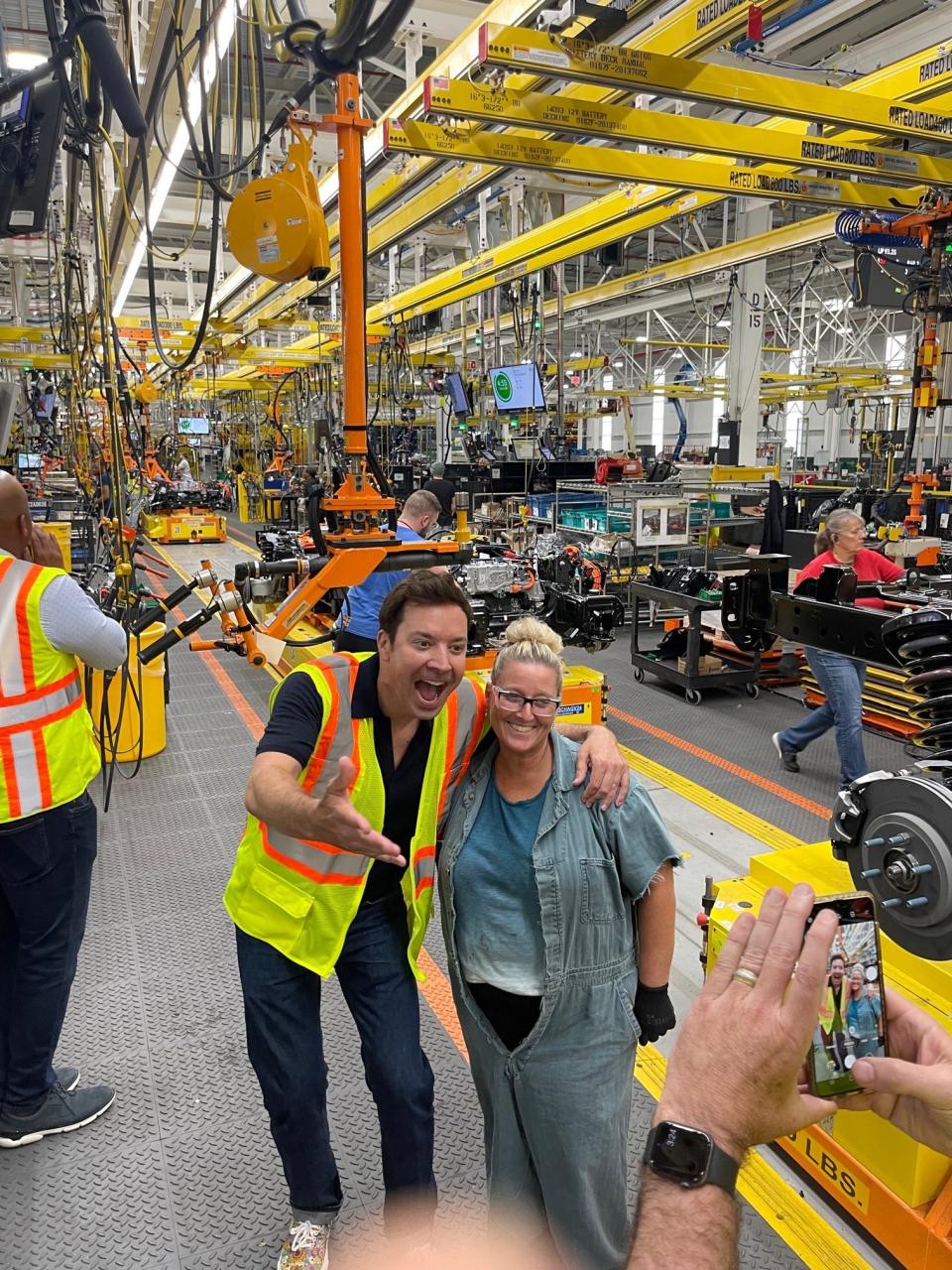 "The Tonight Show with Jimmy Fallon" host stopped by the Rouge Electric Vehicle Center in Dearborn on Friday, Aug. 5, 2022 and met UAW employees who build the all-electric F-150 pickup.