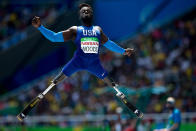 <p>Regas Woods, of the United States, competes in the men’s long jump T42 final, during the Paralympic Games, at the Olympic Stadium, in Rio de Janeiro, Brazil, Sept. 17, 2016. (Photo: Mauro Pimentel/AP) </p>