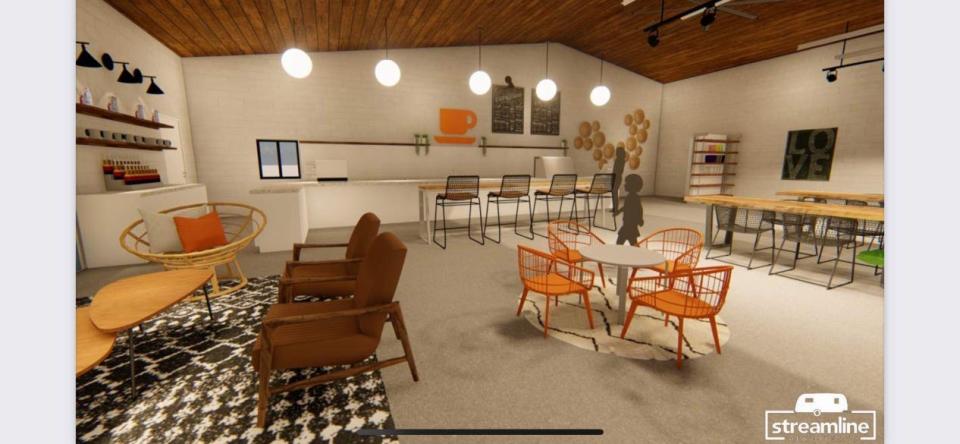 A rendering of the interior of the future Orange Cup SideHustle, 2701 E. Main St. in Galesburg. The mid-century former Shell gas station has vaulted ceilings and large beams.