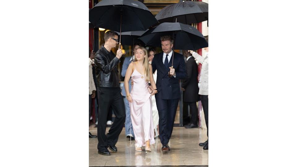 Romeo Beckham, Harper Beckham and David Beckham are seen on September 27, 2024 in Paris, France. 