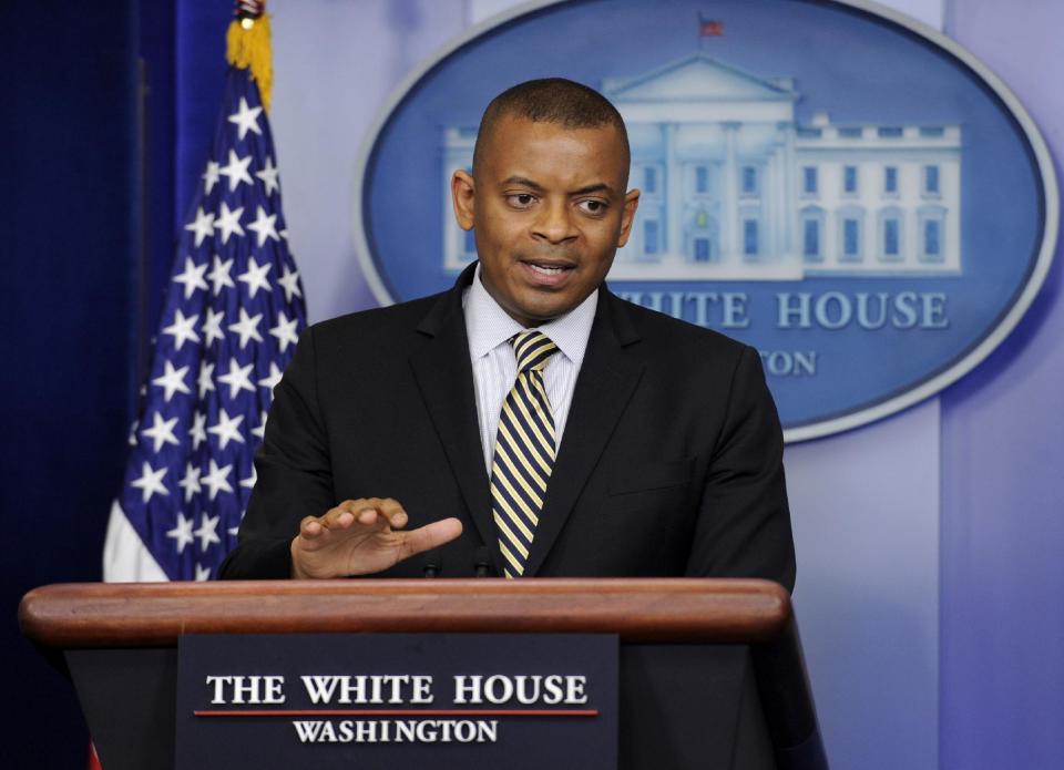 Transportation Secretary Anthony Foxx answers a question during the daily briefing at the White House in Washington, Monday, May 12, 2014. Foxx talked about transportation infrastructure in the United States including the federal Highway Trust Fund which is expected run dry by late August. Without congressional action, transportation aid to states will be delayed and workers will be laid off at construction sites nationwide, Foxx said. (AP Photo)