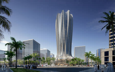 A computer generated image shows one of two project’s designed by Zaha Hadid – a 70,000sqm building featuring a hotel and residential apartments – which is scheduled for completion in 2020 in Qatar’s Lusail City Marina District. Zaha Hadid Architects/Handout via REUTERS