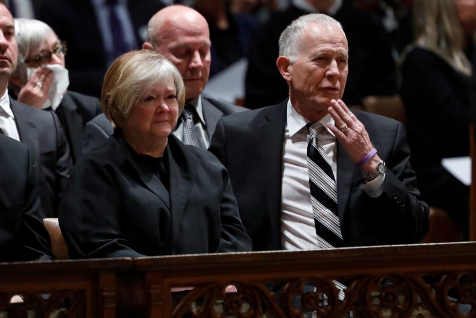 <div class="inline-image__caption"><p>Judy and Dennis Shepard at the National Cathedral on October 26, 2018 in Washington, DC, when Matt's ashes were interred there.</p></div> <div class="inline-image__credit">Aaron P. Bernstein/Getty</div>