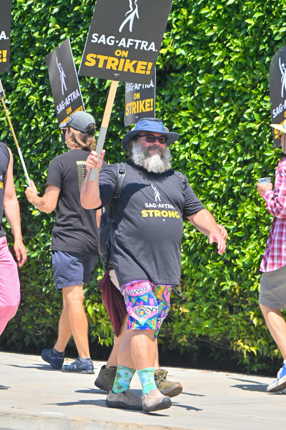 Jack Black is seen walking with SAG-AFTRA and WGA members outside of Paramount on July 24, 2023 in Los Angeles