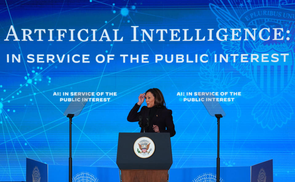 LONDON, ENGLAND - NOVEMBER 1: United States Vice President Kamala Harris delivers an address on Artificial Intelligence policy at the U.S. embassy on November 1, 2023 in London, England. The vice president was in London to attend the AI Safety Summit hosted by the United Kingdom. (Photo by Carl Court/Getty Images)