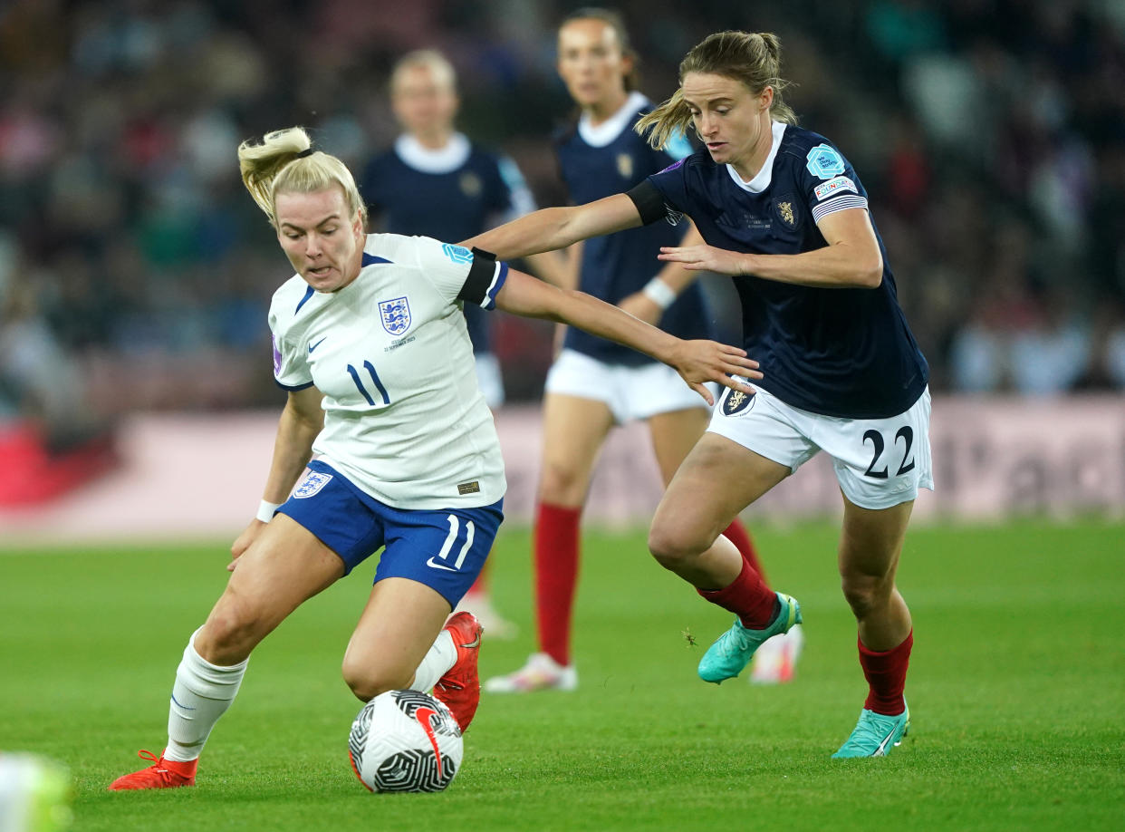 England's Lauren Hemp (left) and Scotland's Erin Cuthbert battle for the ball during the UEFA Women's Nations League Group A1 match at the Stadium of Light, Sunderland. Picture date: Friday September 22, 2023. (Photo by Owen Humphreys/PA Images via Getty Images)